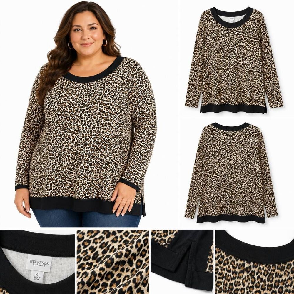 Chico's Weekends Leopard Print Top Size 4 Stretch Knit